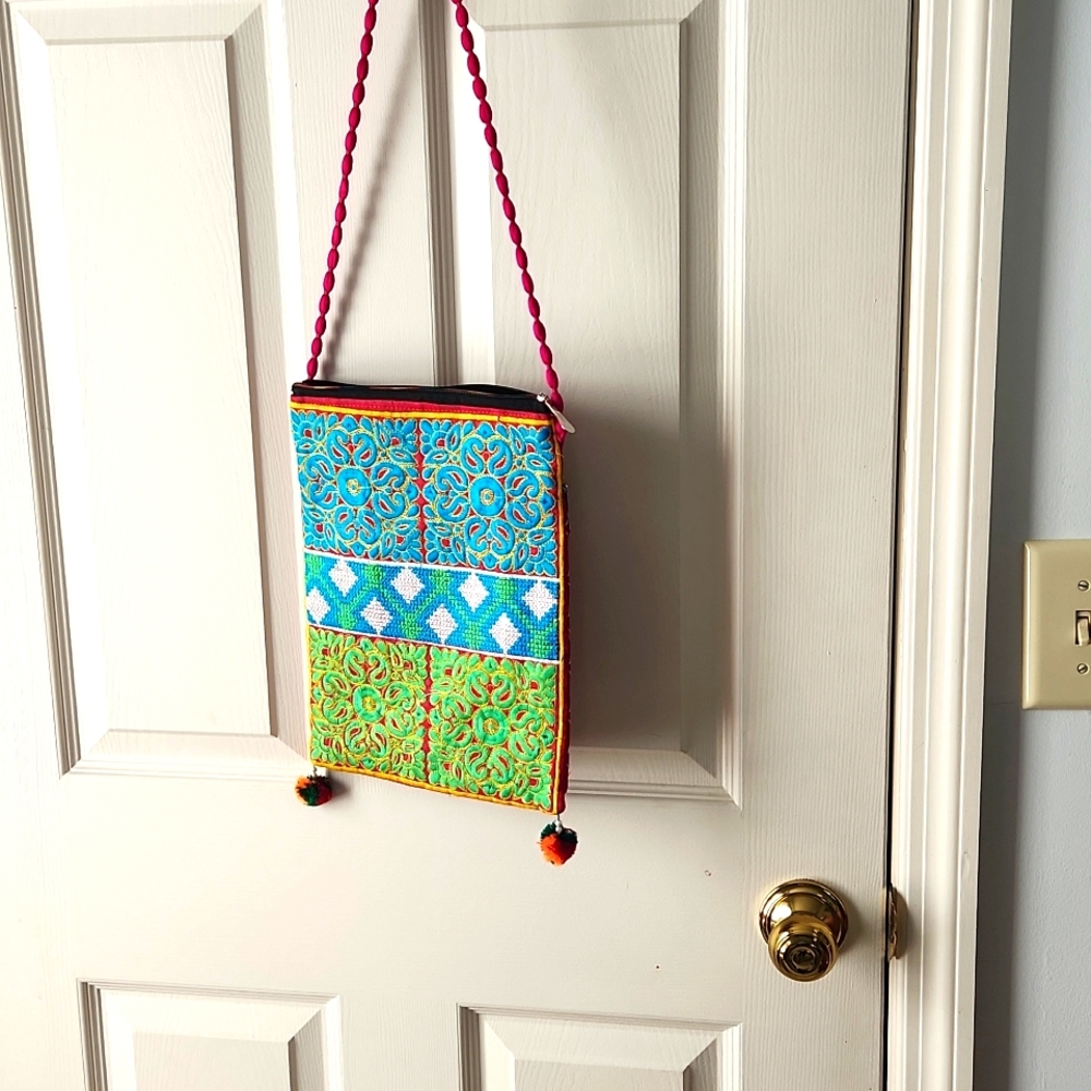 Boho Cross body purse, embroidered,  brilliant colors, 12 in tall, 8.5 in wide,
